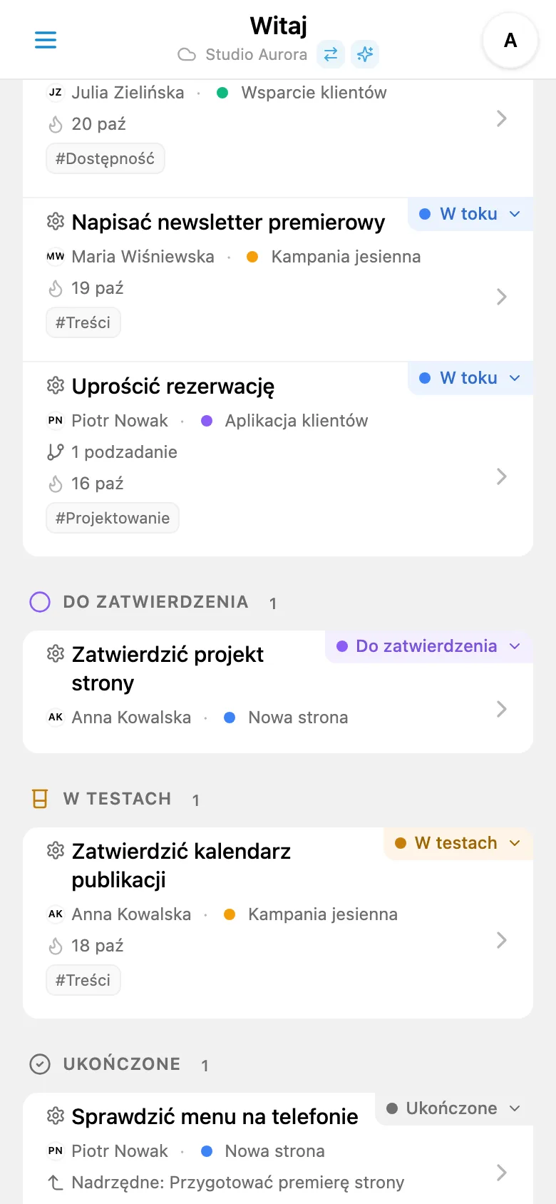 Tablica Kanban z własnymi statusami