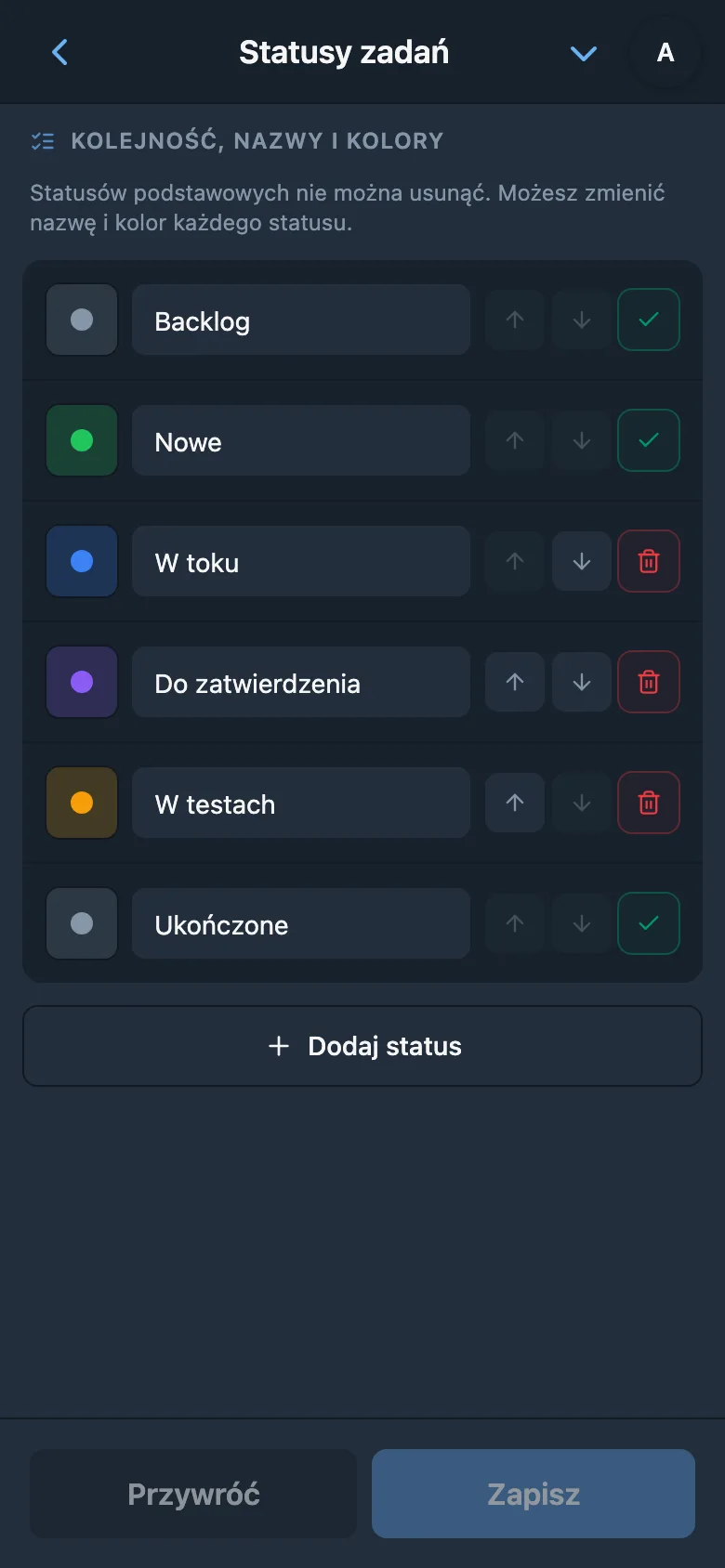 Lista statusów zadań z nazwami i kolorami