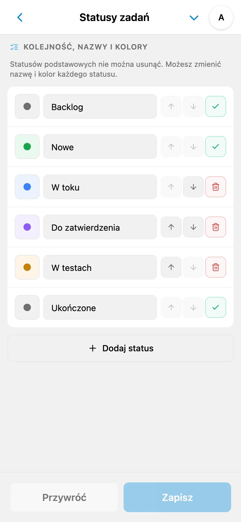Lista statusów zadań z nazwami i kolorami
