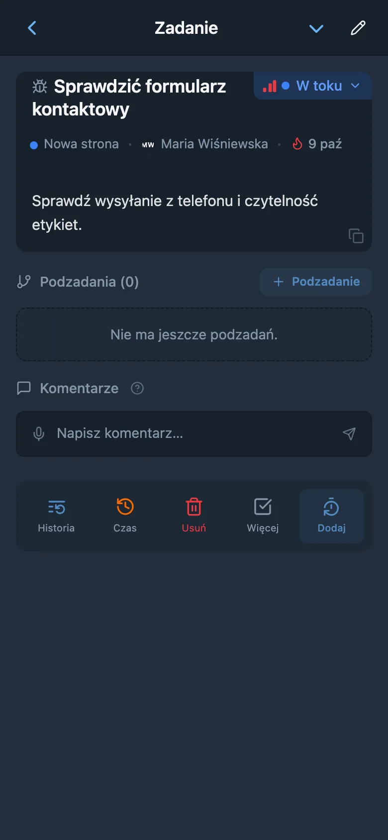 Karta zadania otwarta z tablicy Kanban projektu