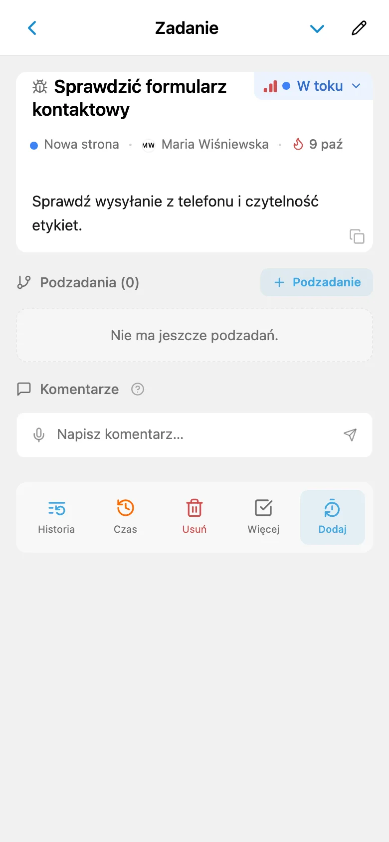 Karta zadania otwarta z tablicy Kanban projektu