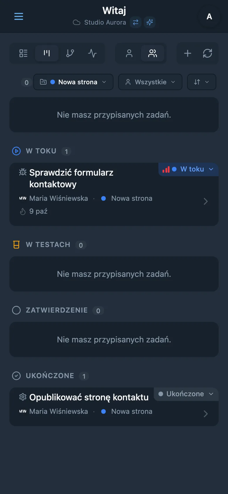 Tablica Kanban z filtrem projektu