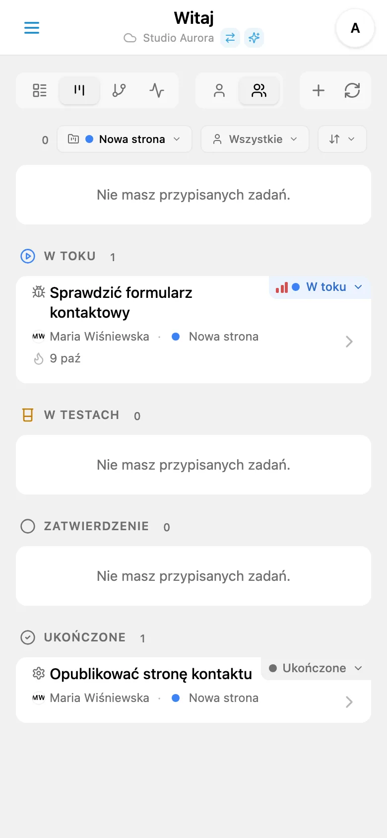 Tablica Kanban z filtrem projektu