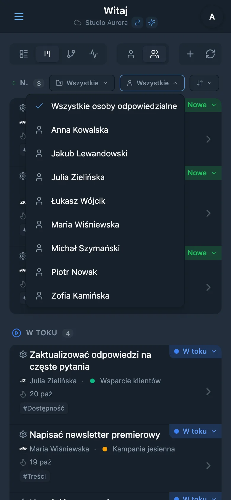 Filtr zadań według osoby odpowiedzialnej