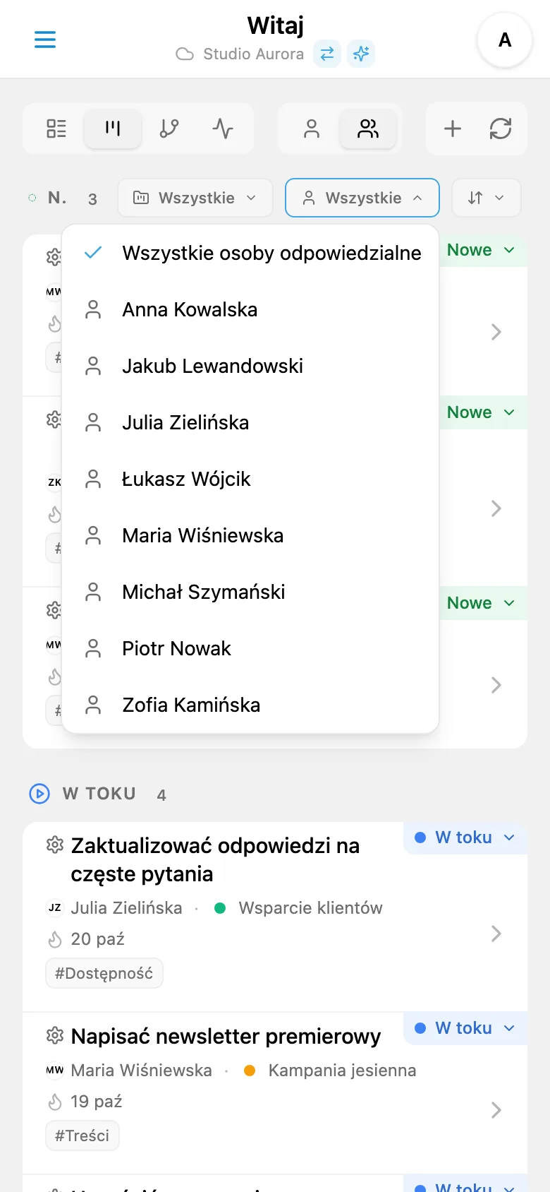 Filtr zadań według osoby odpowiedzialnej