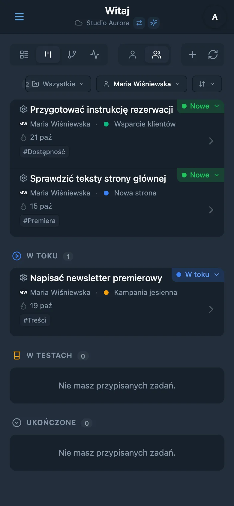 Tablica Kanban z filtrem osoby odpowiedzialnej