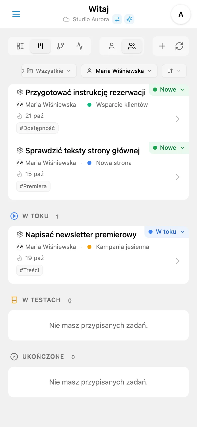 Tablica Kanban z filtrem osoby odpowiedzialnej