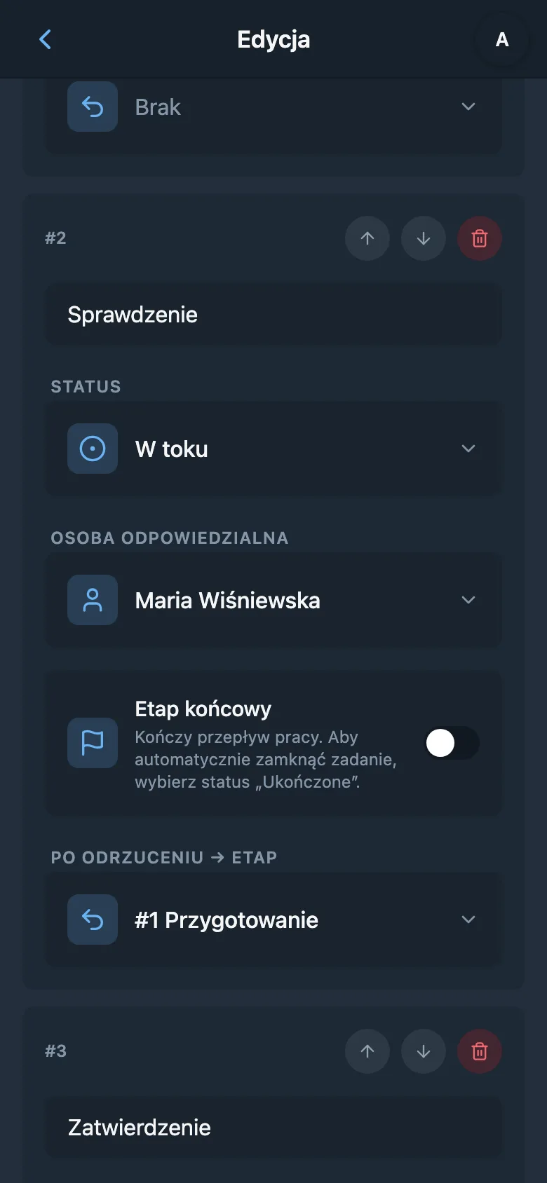 Lista przepływów pracy z liczbą etapów i stanem aktywności
