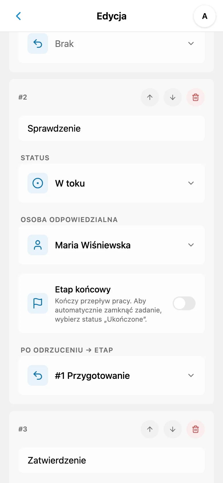 Lista przepływów pracy z liczbą etapów i stanem aktywności