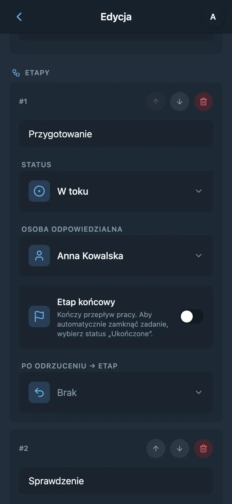 Ustawienia etapu przepływu pracy z wyznaczonym członkiem