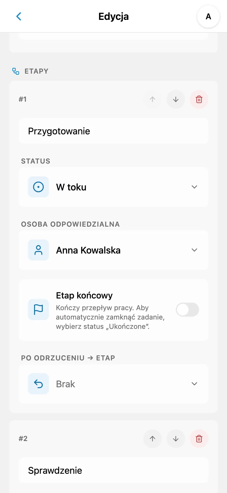 Ustawienia etapu przepływu pracy z wyznaczonym członkiem