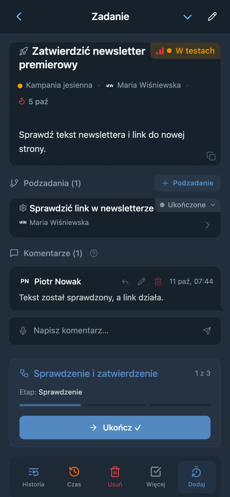 Zadanie na etapie weryfikacji z przyciskiem przejścia do kolejnego etapu