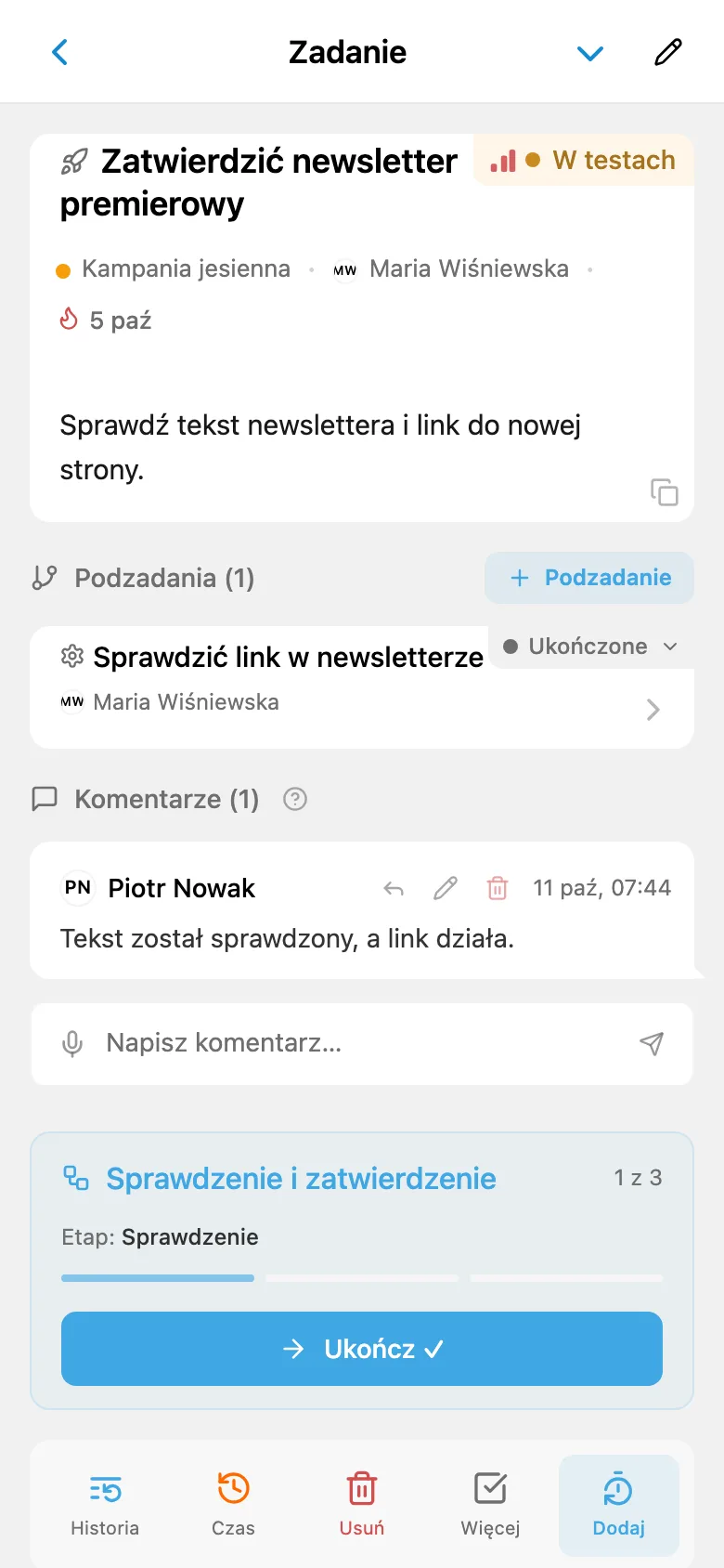 Zadanie na etapie weryfikacji z przyciskiem przejścia do kolejnego etapu