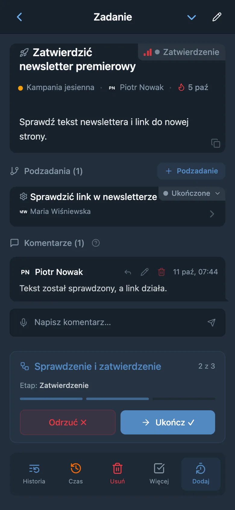 To samo zadanie na etapie akceptacji z nową osobą odpowiedzialną oraz akcjami odrzucenia i zatwierdzenia