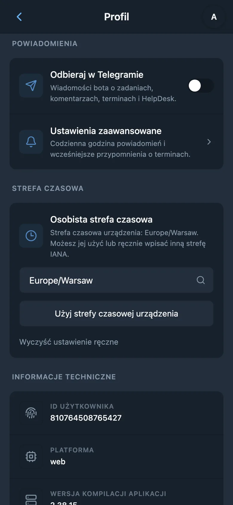 Ustawienia strefy czasowej, godziny powiadomień i przypomnień przed terminem