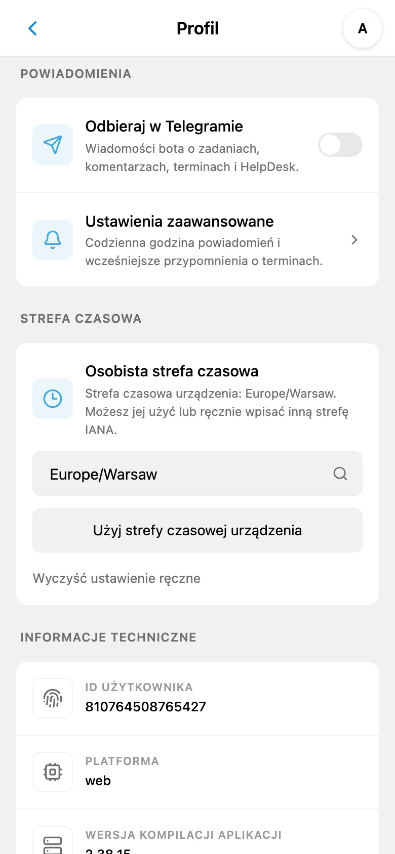 Ustawienia strefy czasowej, godziny powiadomień i przypomnień przed terminem