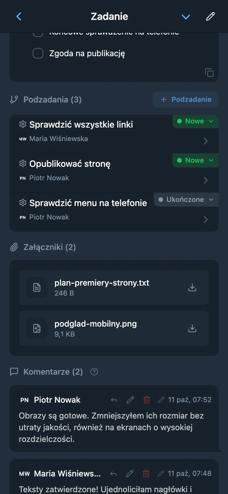 Załączniki w karcie zadania
