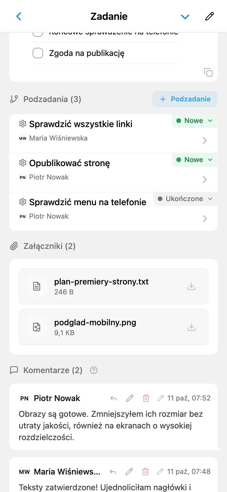Załączniki w karcie zadania