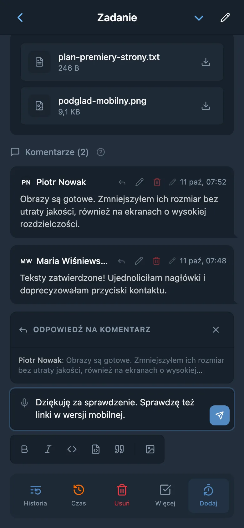 Odpowiedź członkowi zespołu z cytatem jego komentarza