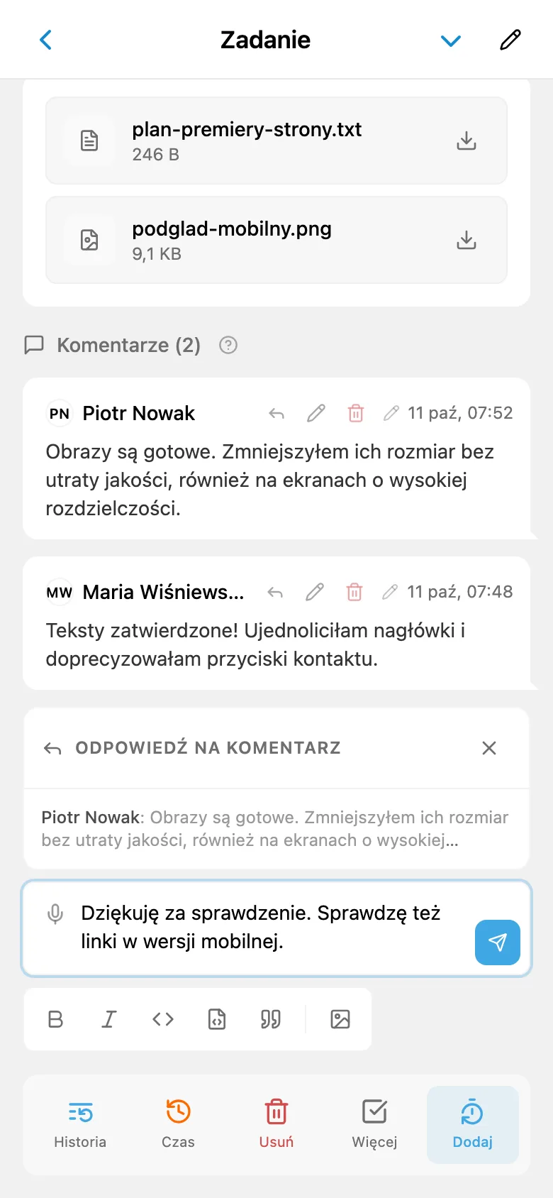 Odpowiedź członkowi zespołu z cytatem jego komentarza