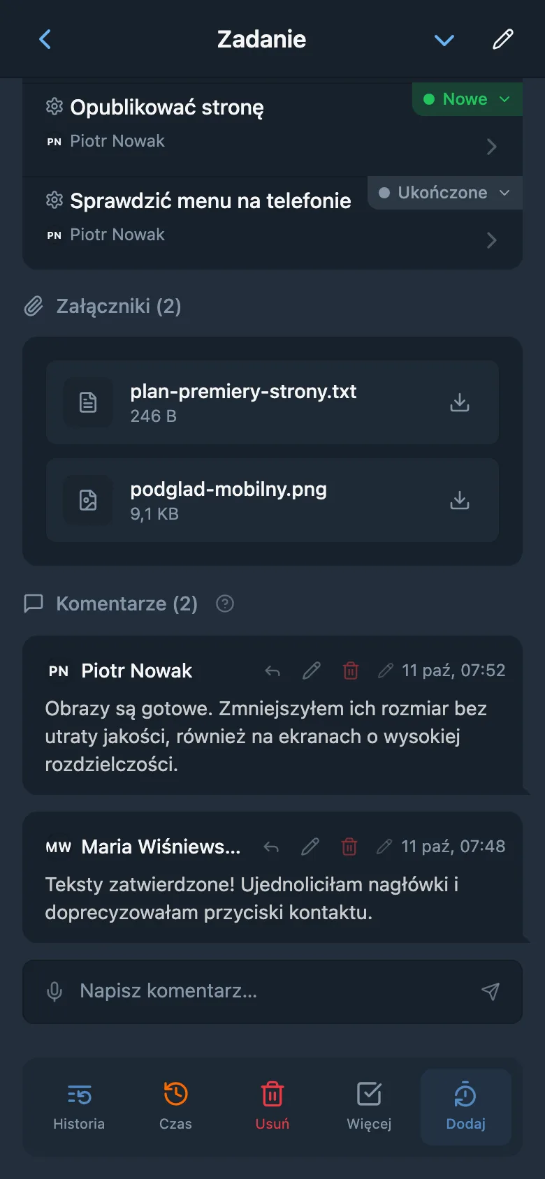 Rozmowa zespołu w komentarzach zadania