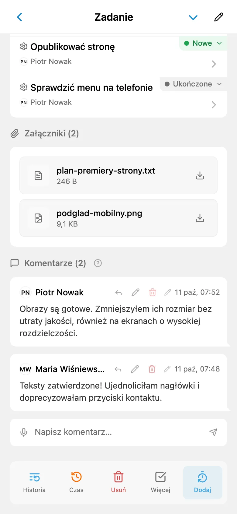 Rozmowa zespołu w komentarzach zadania