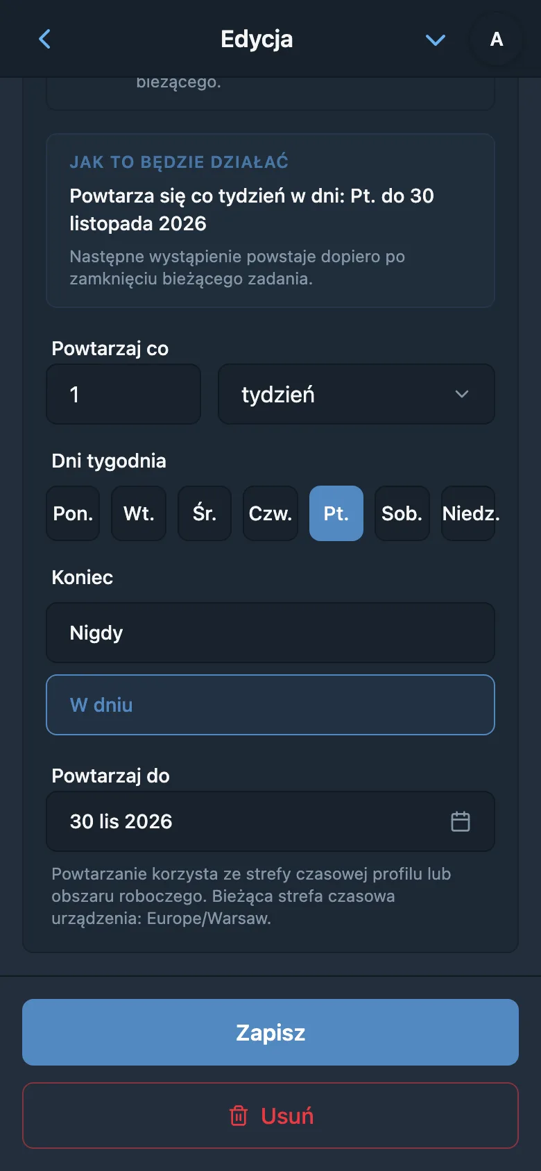 Reguła powtarzania w każdy piątek z datą zakończenia serii