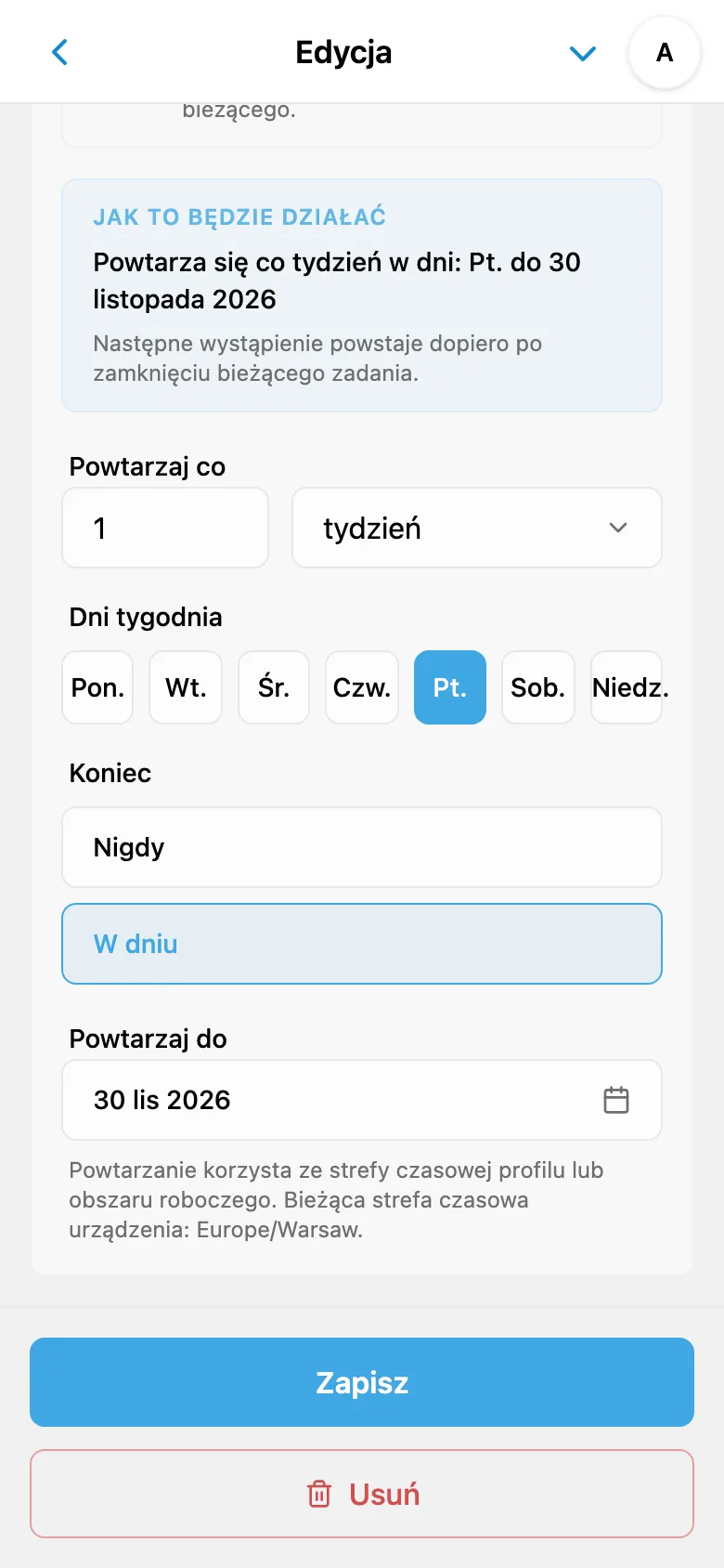 Reguła powtarzania w każdy piątek z datą zakończenia serii