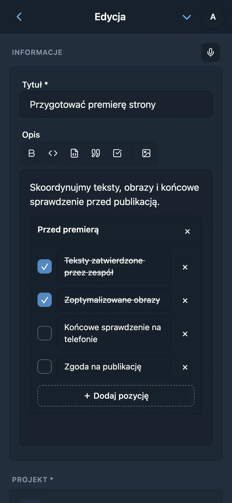 Edytor opisu zadania z formatowaniem i blokiem kodu