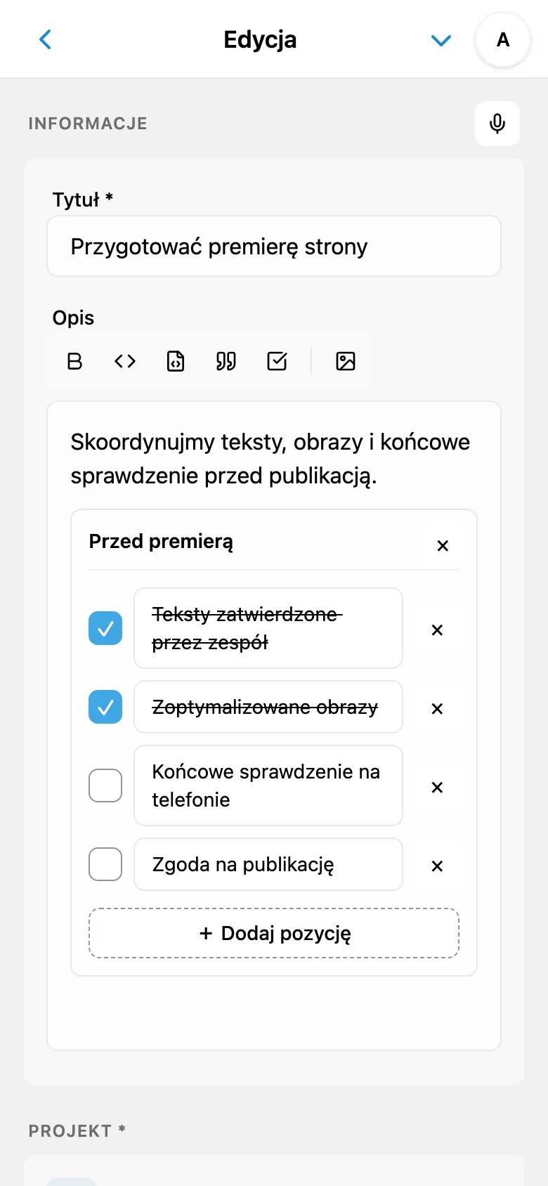Edytor opisu zadania z formatowaniem i blokiem kodu