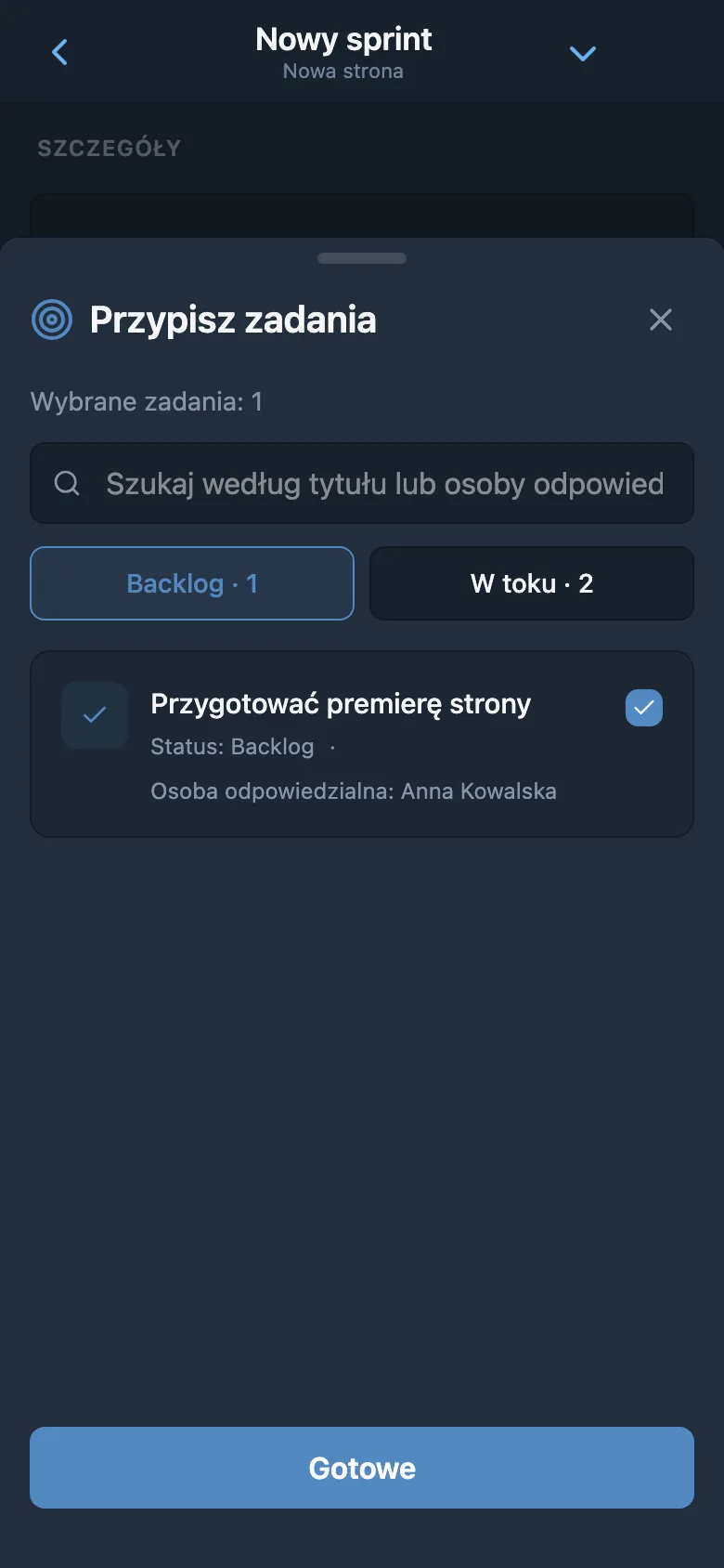 Wybór zadań z backlogu projektu do dodania do sprintu