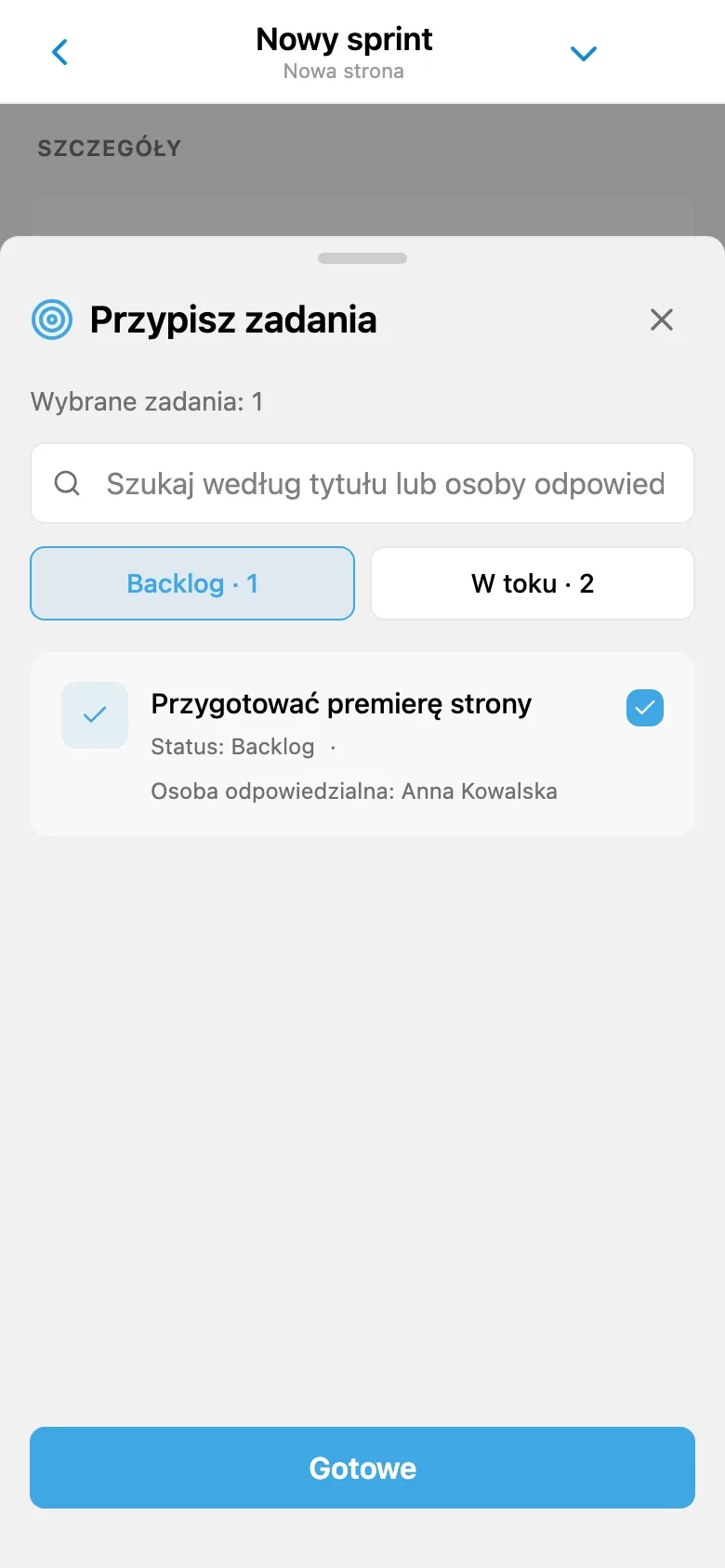 Wybór zadań z backlogu projektu do dodania do sprintu