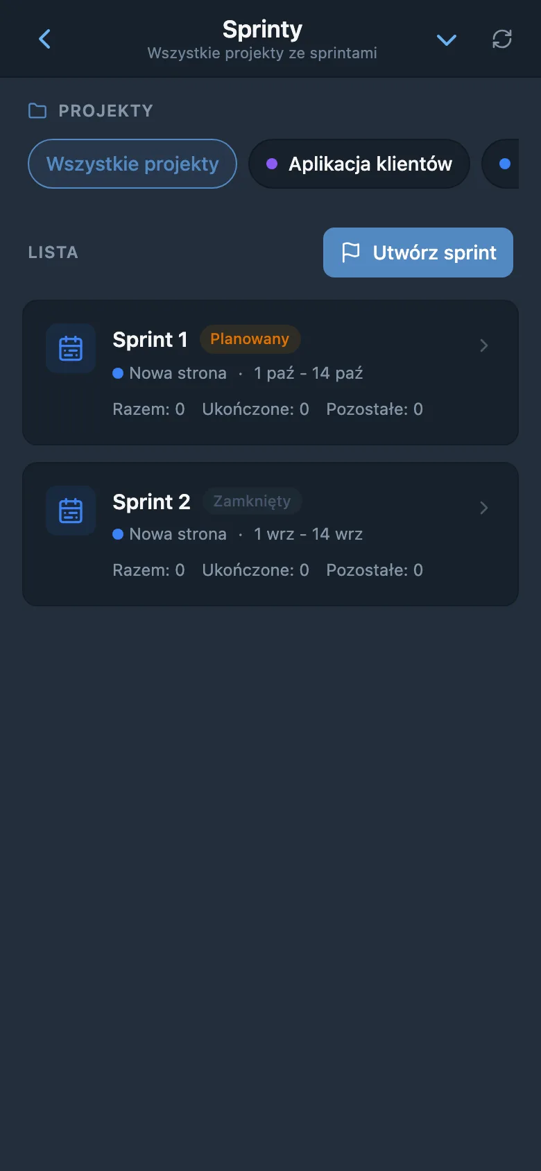 Lista sprintów projektu z datami iteracji i statusami