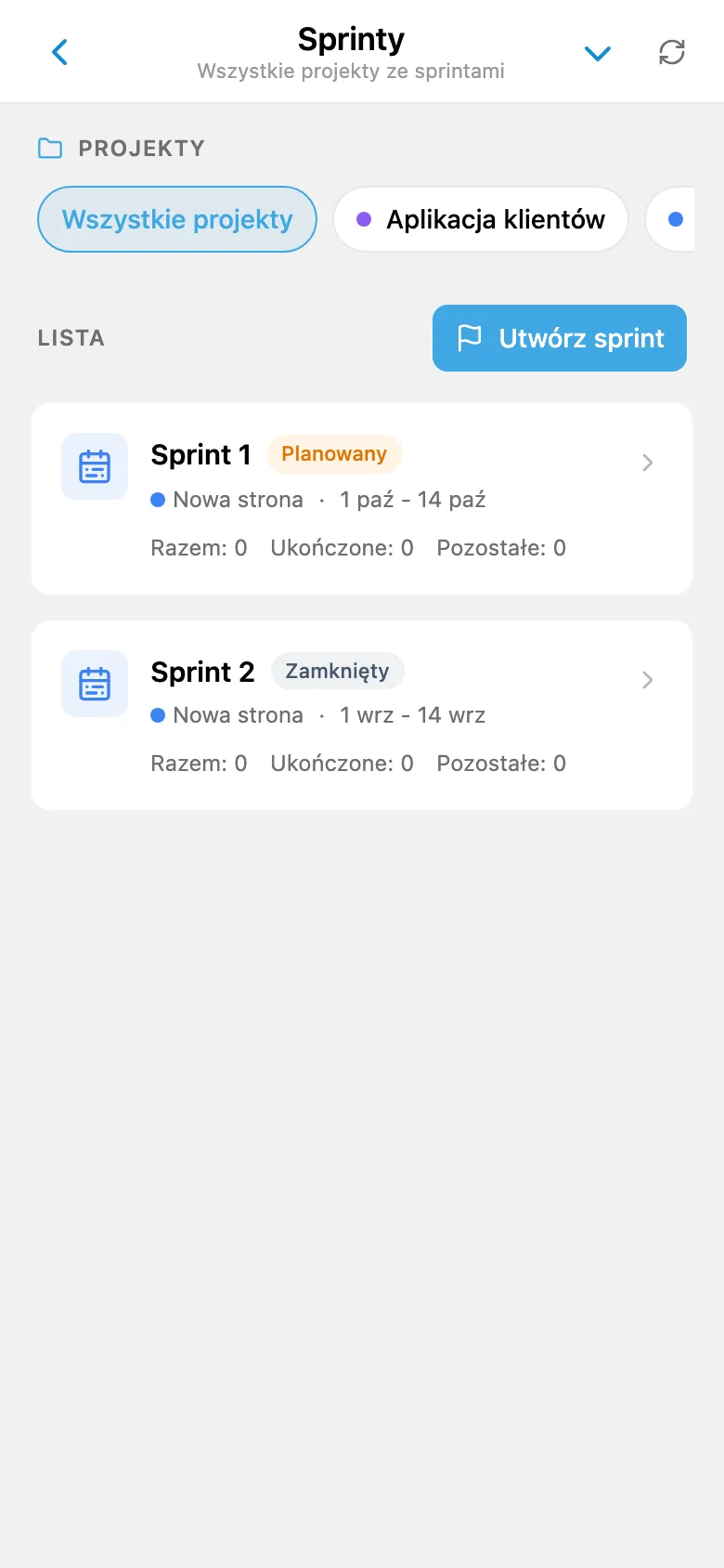 Lista sprintów projektu z datami iteracji i statusami
