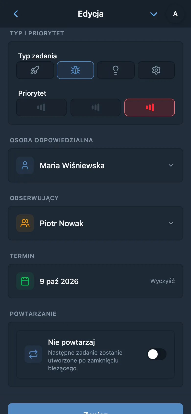 Pola zadania typu Błąd z wysokim priorytetem, osobą odpowiedzialną, obserwującym i terminem