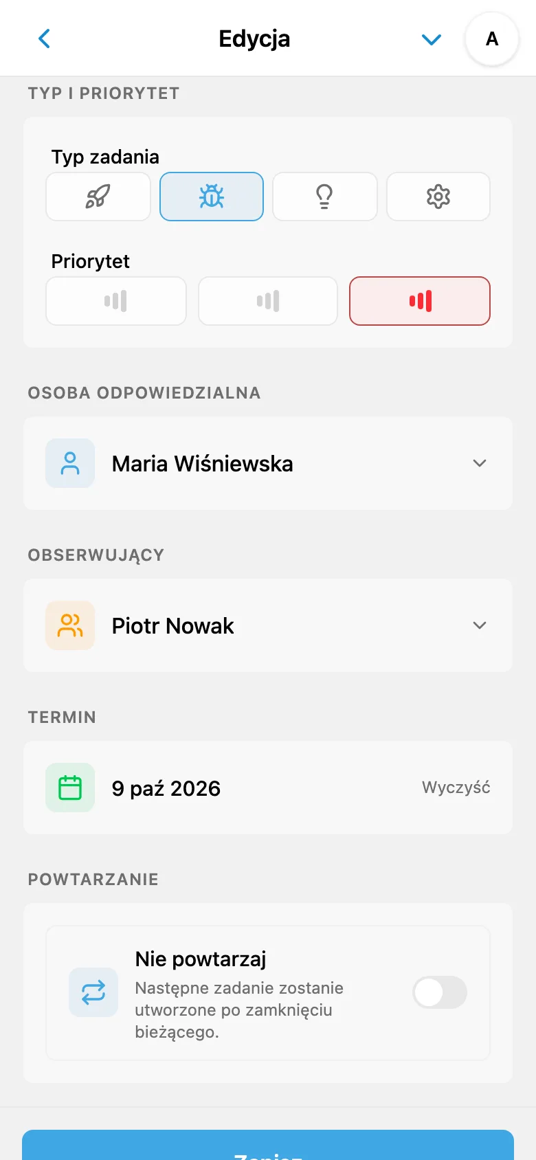 Pola zadania typu Błąd z wysokim priorytetem, osobą odpowiedzialną, obserwującym i terminem