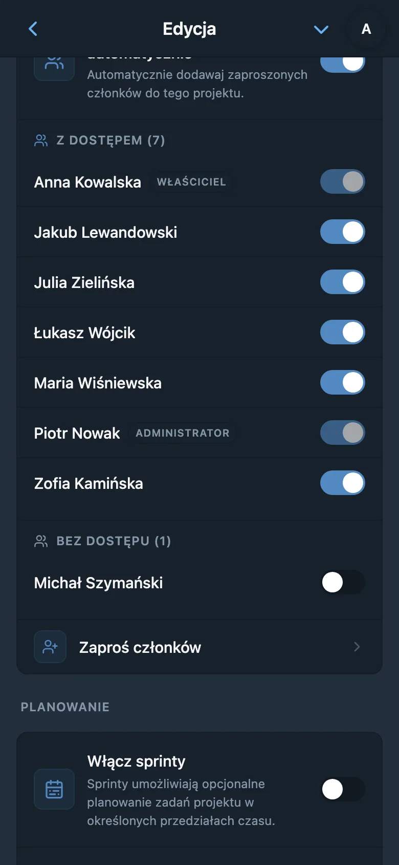Ustawienia dostępu do projektu