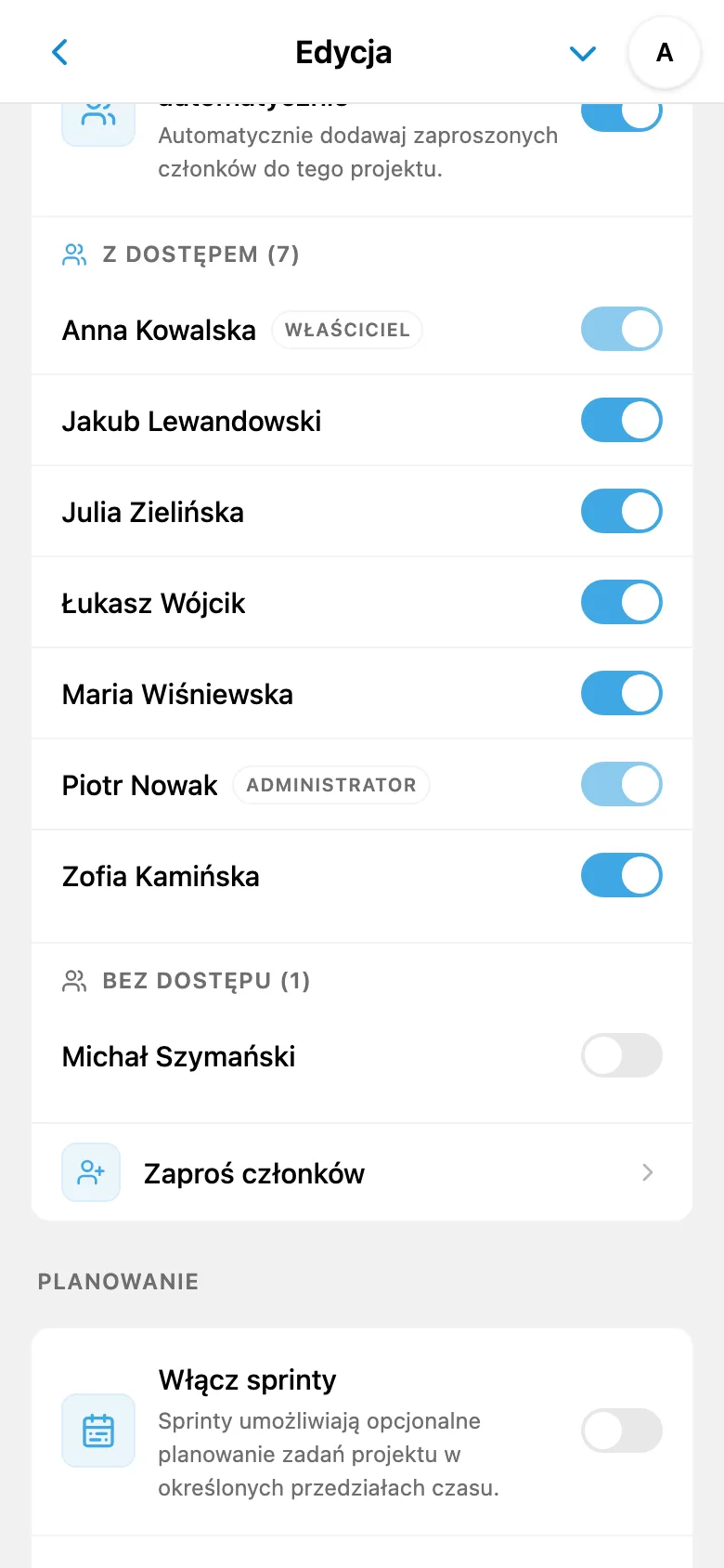 Ustawienia dostępu do projektu