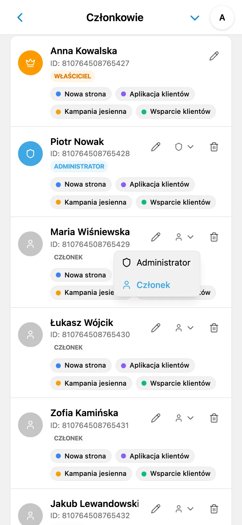 Wybór roli członka obszaru roboczego