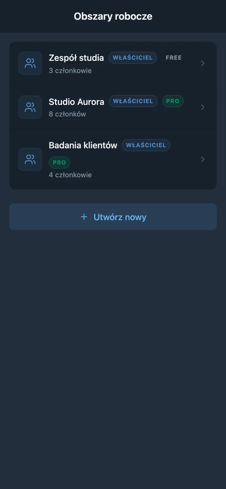 Lista dostępnych obszarów roboczych