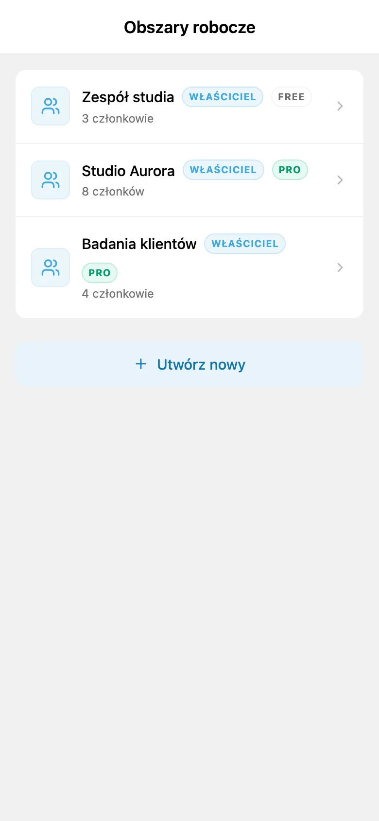 Lista dostępnych obszarów roboczych