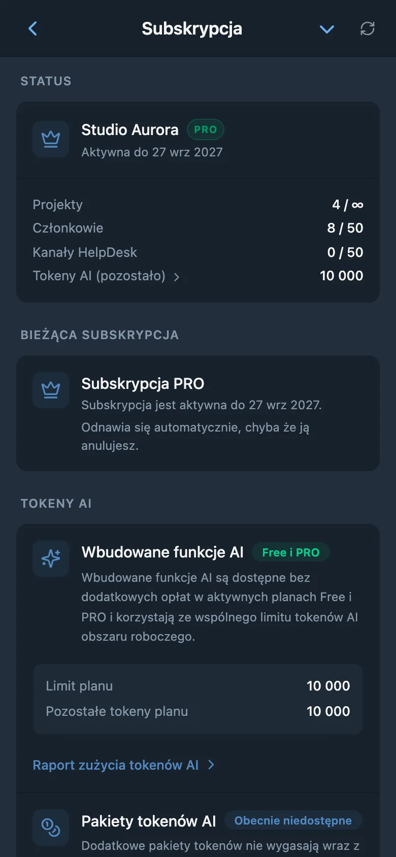 Informacje o subskrypcji obszaru roboczego