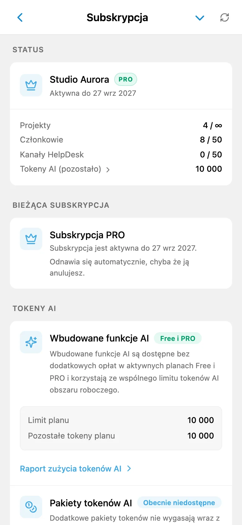 Informacje o subskrypcji obszaru roboczego