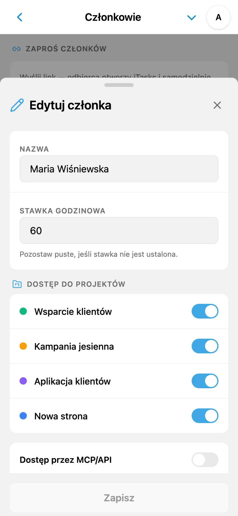Stawka godzinowa członka zespołu