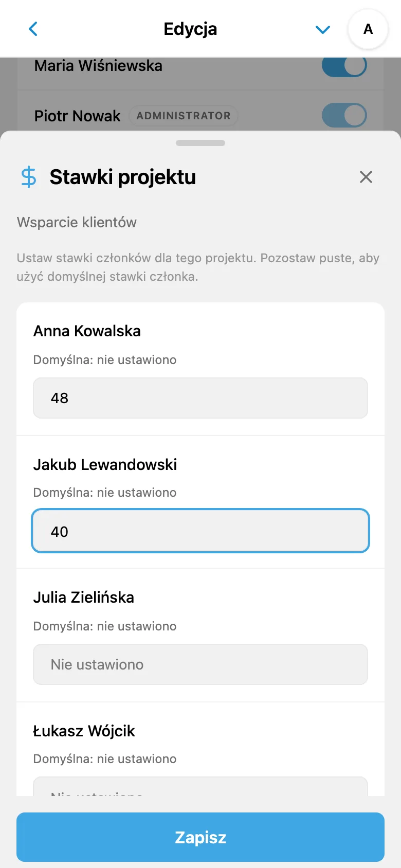 Indywidualne stawki członków dla wybranego projektu