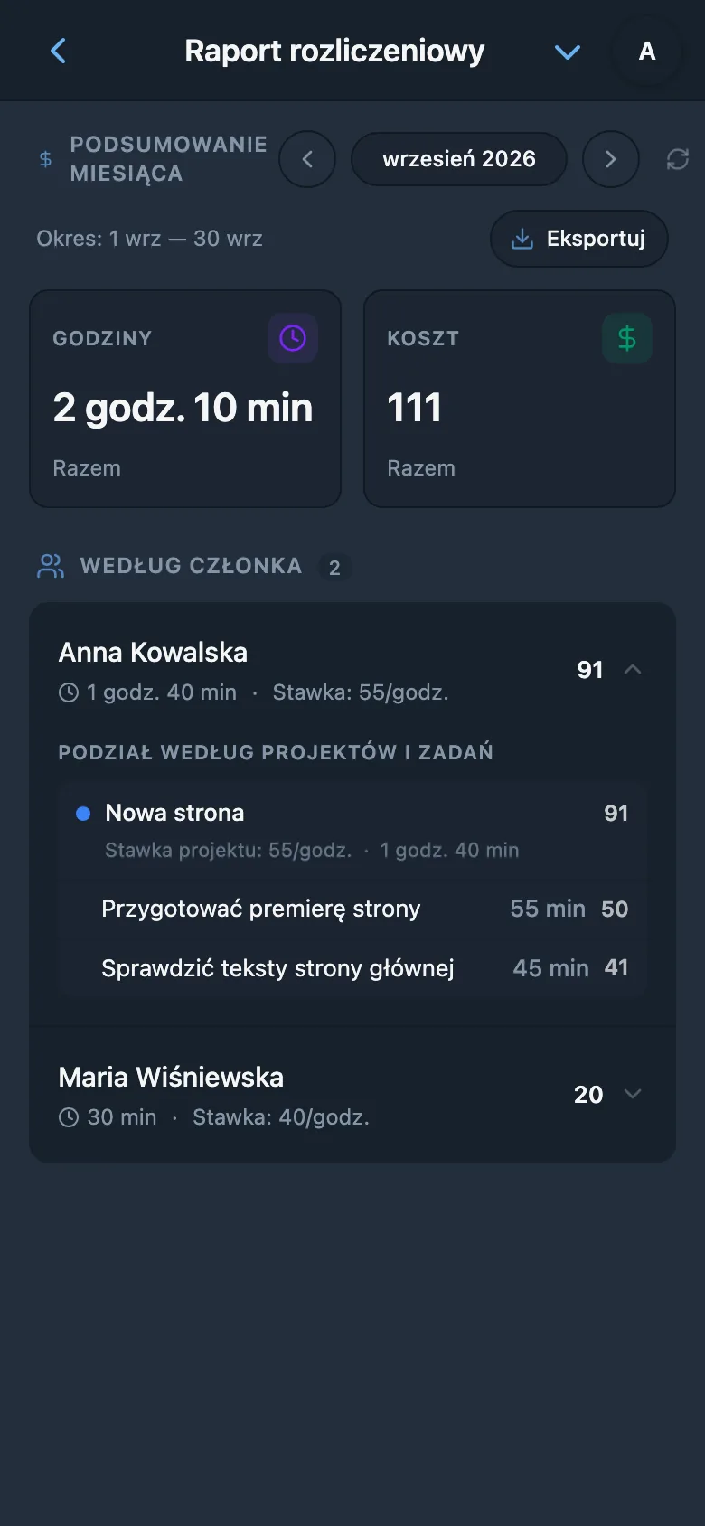 Miesięczny raport czasu i kosztów pracy