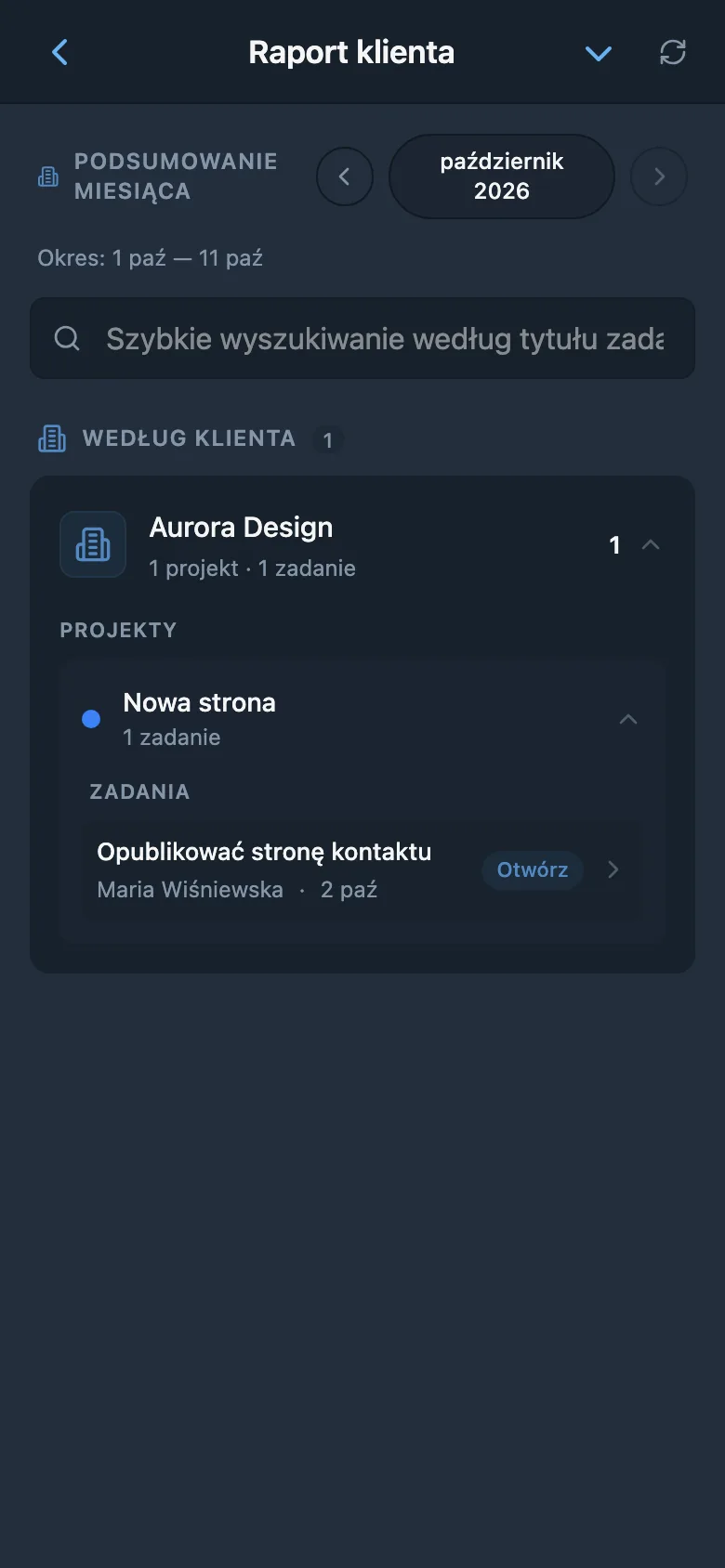 Raport ukończonych zadań dla wybranego klienta