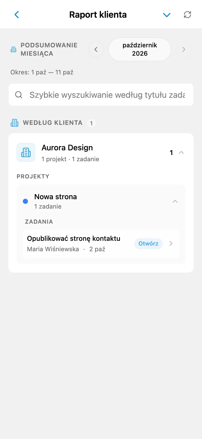 Raport ukończonych zadań dla wybranego klienta