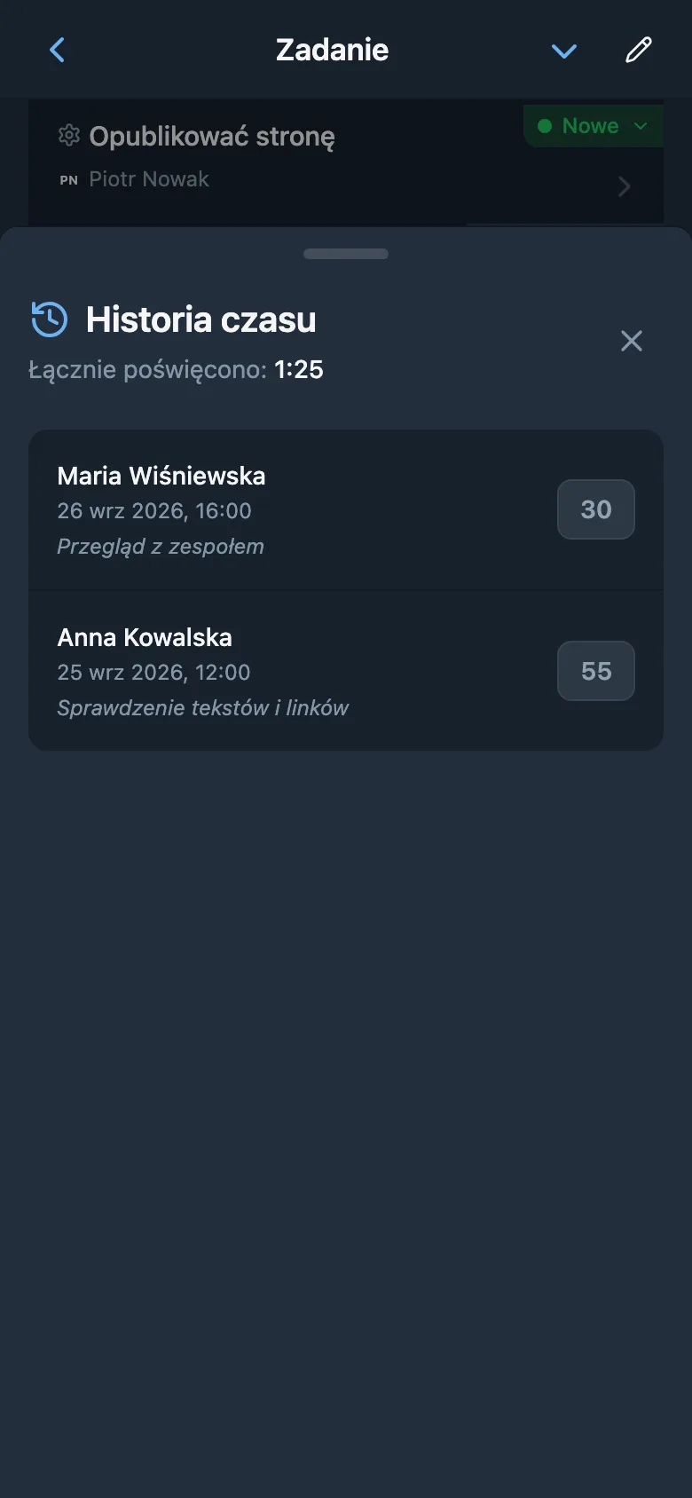 Wpisy czasu zadania z czasem trwania i komentarzami