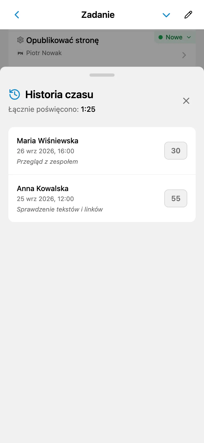 Wpisy czasu zadania z czasem trwania i komentarzami